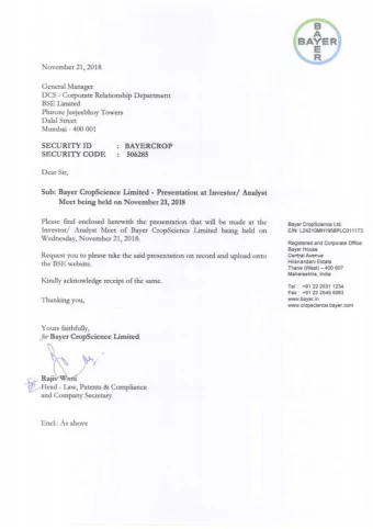 -b ~ ~  and Company Secretary  Encl.: As above  Bayer CropScience Limited  Investor Presentation