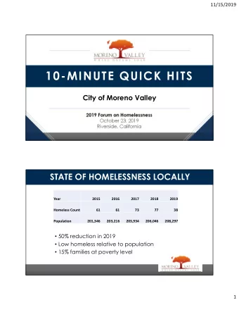 10-MINUTE QUICK HITS  City of Moreno Valley  2019 Forum on Homelessness  October 23, 2019