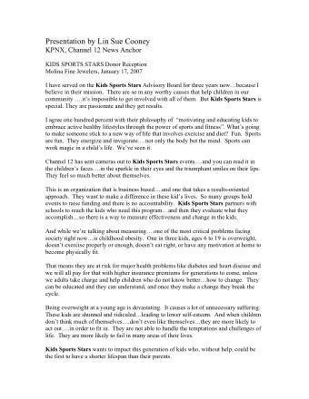 Presentation by Lin Sue Cooney  KPNX, Channel 12 News Anchor  KIDS SPORTS STARS Donor Reception