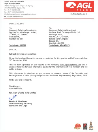 Asian Granito India Ltd Investor Presentation  October 2016  Safe Harbor This presentation and