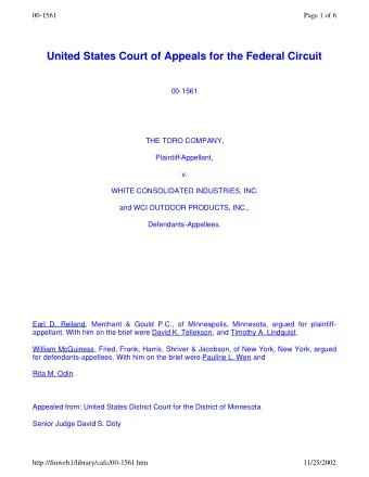 United States Court of Appeals for the Federal Circuit  00-1561  THE TORO COMPANY,