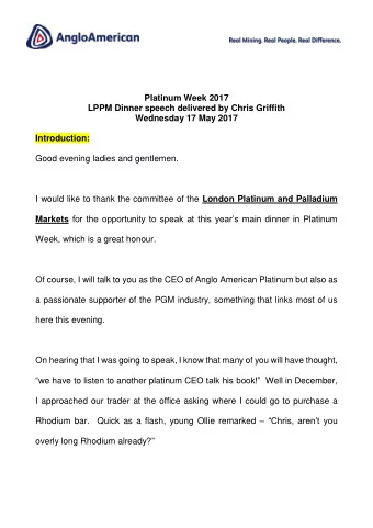 Platinum Week 2017  LPPM Dinner speech delivered by Chris Griffith  Wednesday 17 May 2017