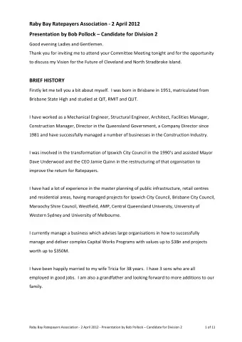 Raby Bay Ratepayers Association - 2 April 2012 Presentation by Bob Pollock  Candidate for