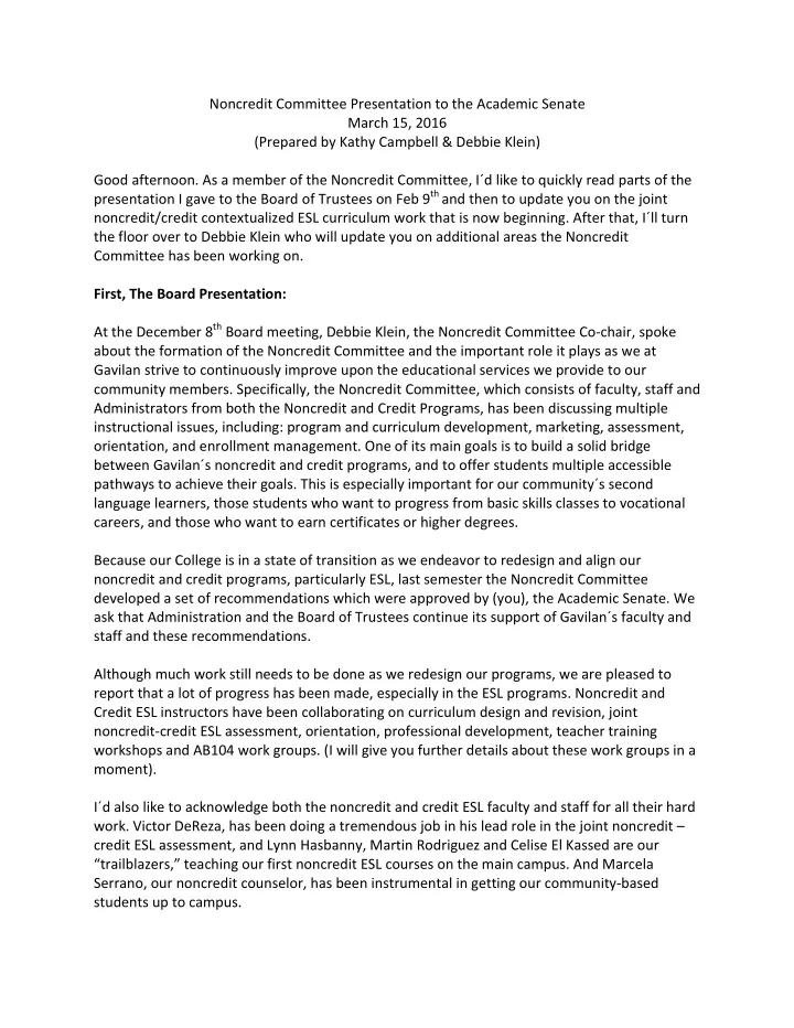 noncredit committee presentation to the academic senate