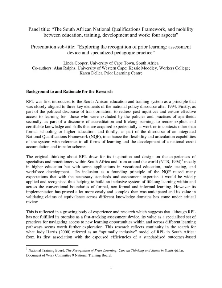background to and rationale for the research rpl was