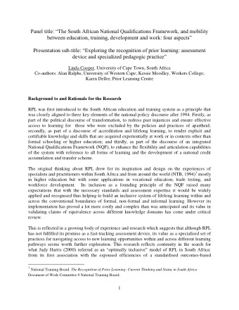 Background to and Rationale for the Research  RPL was first introduced to the South African