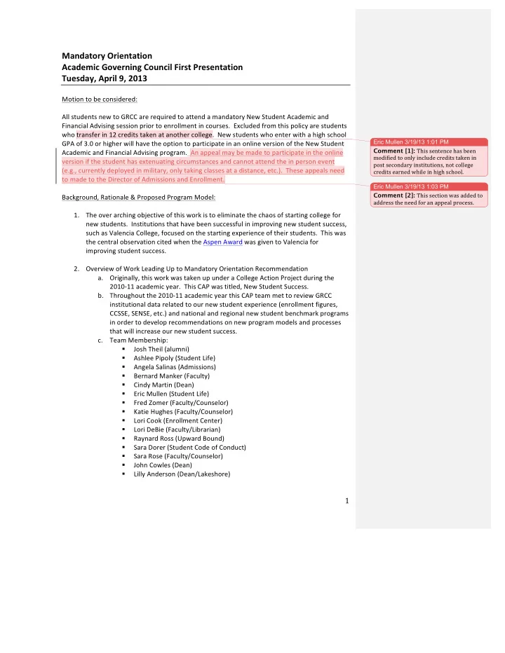 mandatory orientation academic governing council first