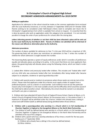 St Christophers Church of England High School  SECONDARY ADMISSION ARRANGEMENTS for 2019 ENTRY