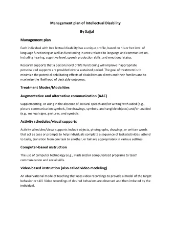 Management plan of Intellectual Disability  By Sajjal  Management plan  Each individual with