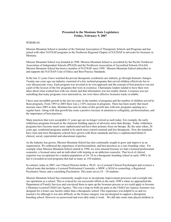 presented to the montana state legislature friday