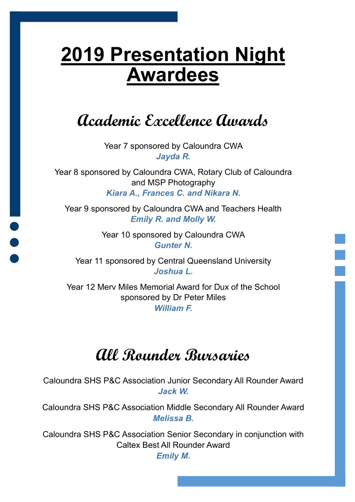 2019 presentation night awardees