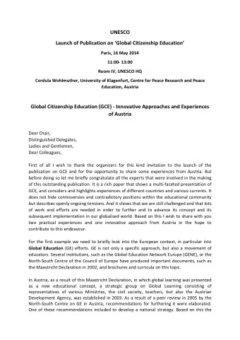 UNESCO  Launch of Publication on Global Citizenship Education  Paris, 16 May 2014  11:00-