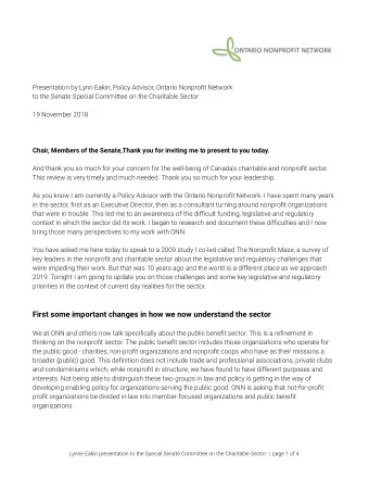 Presentation by Lynn Eakin, Policy Advisor, Ontario Nonprofit Network  to the Senate Special