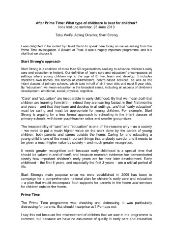 After Prime Time: What type of childcare is best for children?  Iona Institute seminar, 25 June