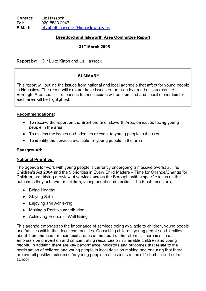 contact liz hassock tel 020 8583 2947 e mail elizabeth