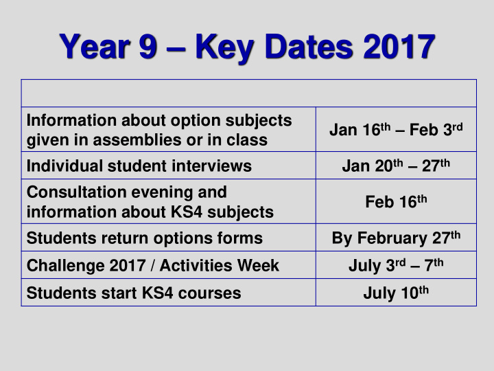 year 9 key dates 2017