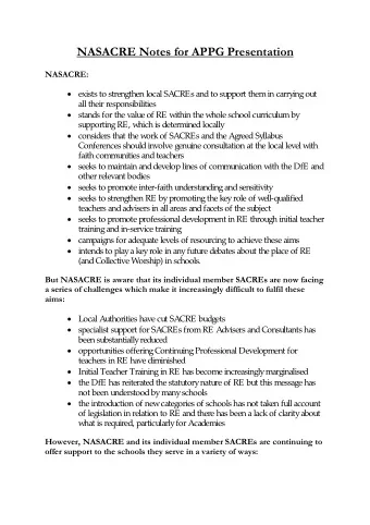 NASACRE Notes for APPG Presentation NASACRE:   exists to strengthen local SACREs and to