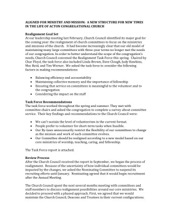 ALIGNED FOR MINISTRY AND MISSION:  A NEW STRUCTURE FOR NEW TIMES  IN THE LIFE OF ACTON