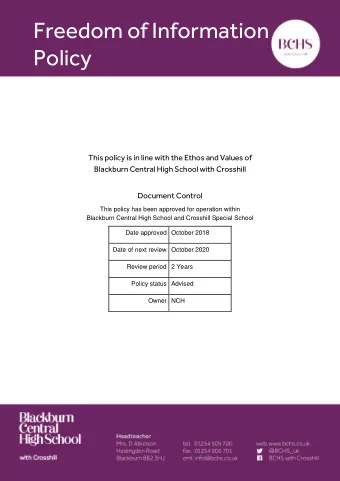 This policy is in line with the Ethos and Values of  Blackburn Central High School with Crosshill