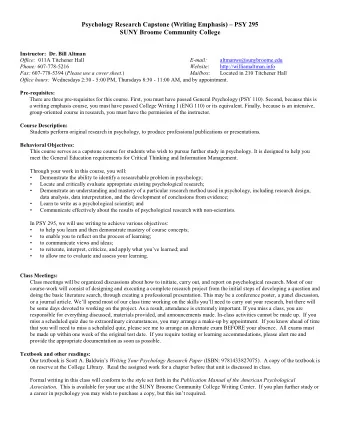 Psychology Research Capstone (Writing Emphasis)  PSY 295  SUNY Broome Community College
