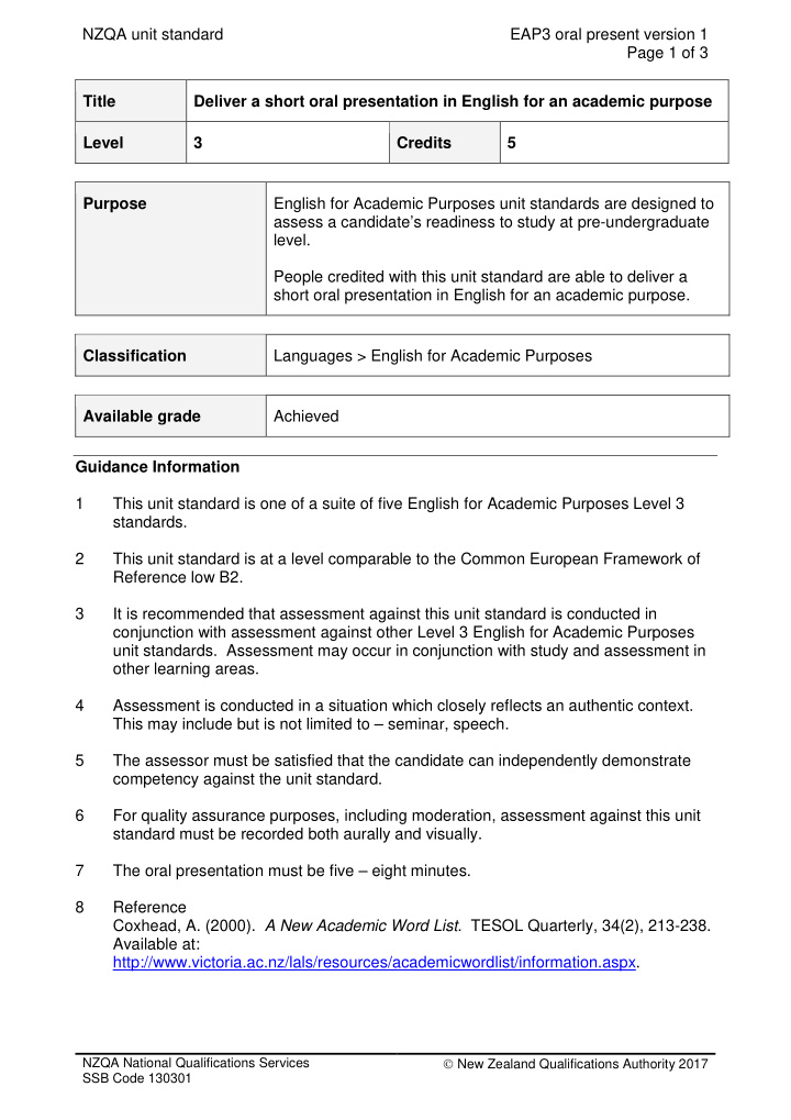 nzqa unit standard eap3 oral present version 1 page 1 of