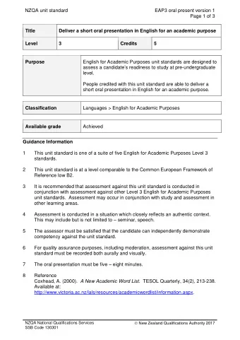 NZQA unit standard  EAP3 oral present version 1  Page 1 of 3  Title  Deliver a short oral