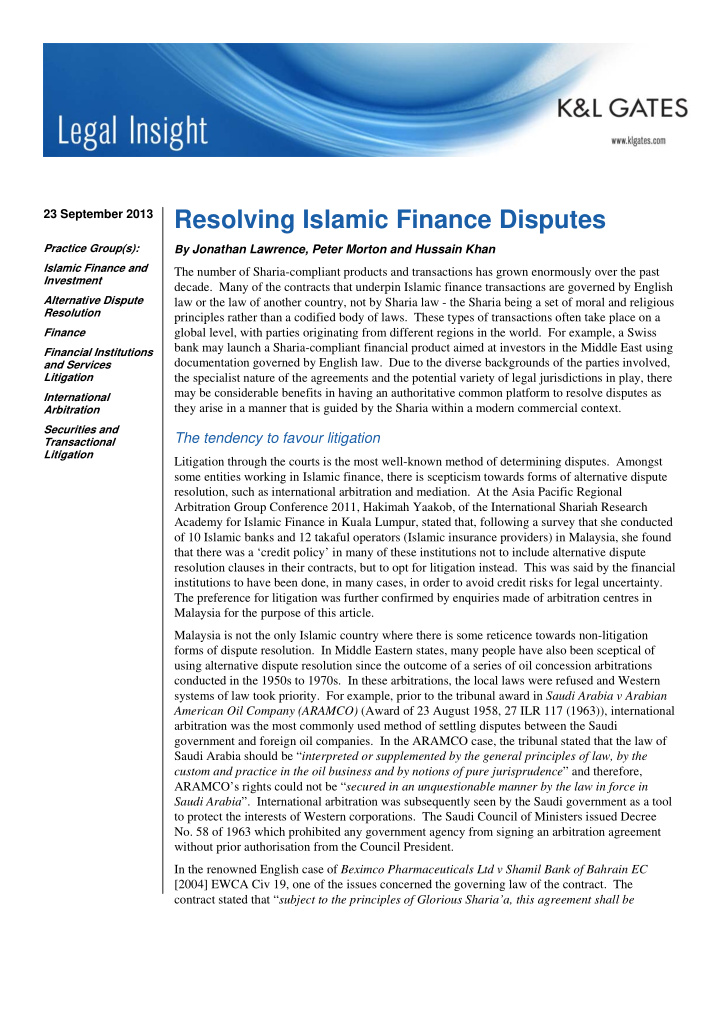 23 september 2013 resolving islamic finance disputes