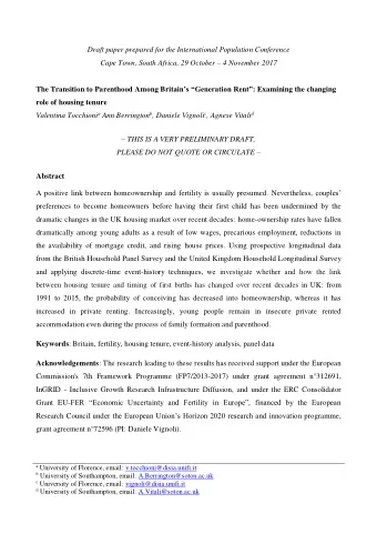 Draft paper prepared for the International Population Conference Cape Town, South Africa, 29