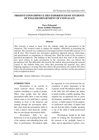 ELT Perspective 3(2), September 2015  PRESENTATION DIFFICULTIES EXPERIENCED BY STUDENTS  OF ENGLISH