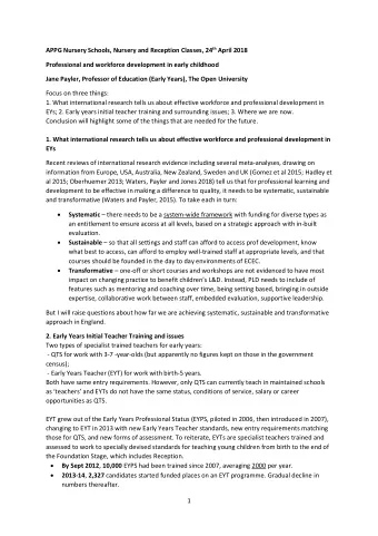 APPG Nursery Schools, Nursery and Reception Classes, 24 th April 2018  Professional and workforce