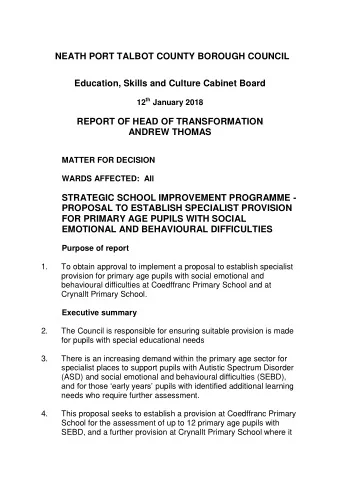 NEATH PORT TALBOT COUNTY BOROUGH COUNCIL Education, Skills and Culture Cabinet Board 12 th January