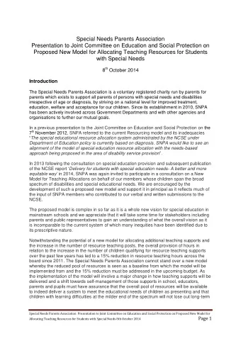 Special Needs Parents Association  Presentation to Joint Committee on Education and Social