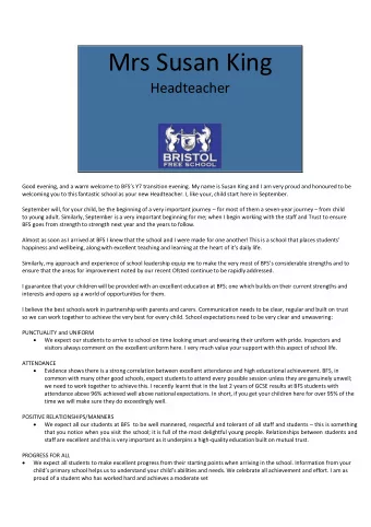 Mrs Susan King  Headteacher Good evening, and a warm welcome to BFS  s Y7 transition evening. My