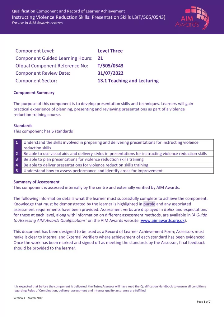 for use in aim awards centres component level level three