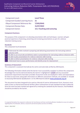 For use in AIM Awards centres  Component Level:  Level Three Component Guided Learning Hours: 21