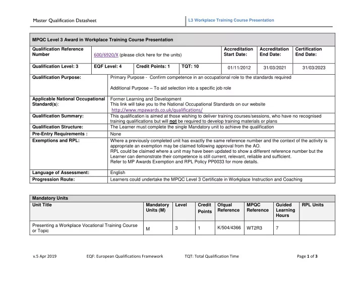 master qualification datasheet