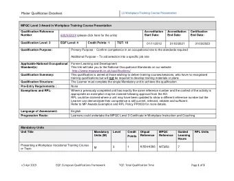 Master Qualification Datasheet  L3 Workplace Training Course Presentation  MPQC Level 3 Award in