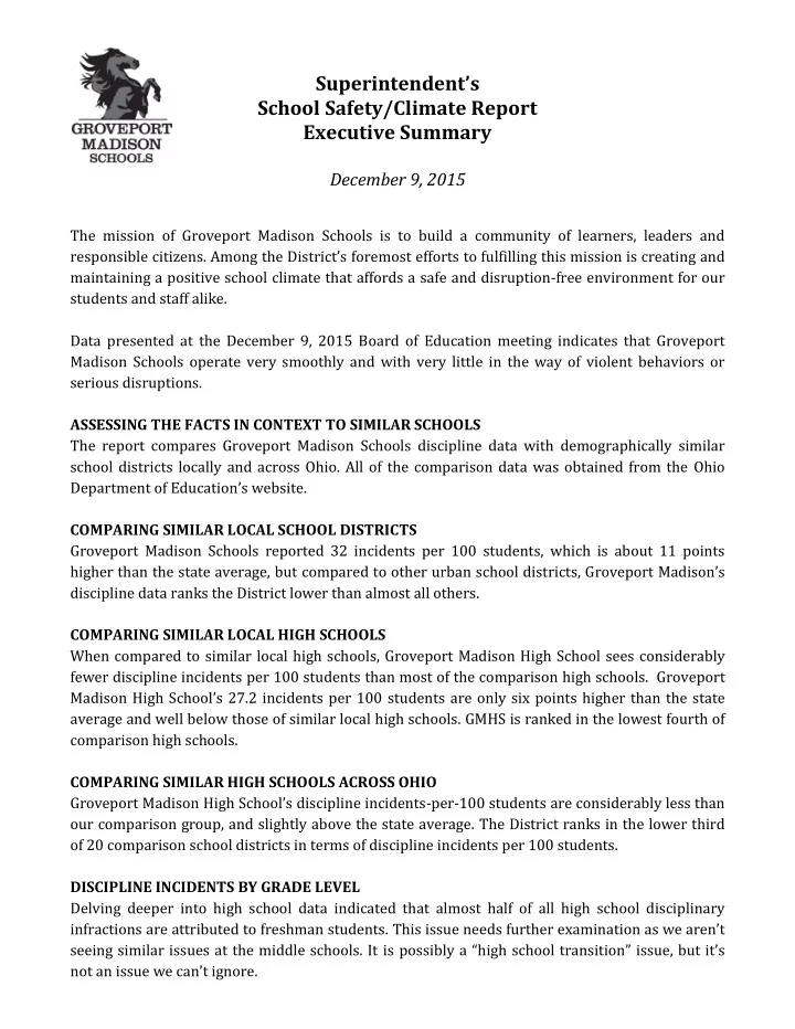 superintendent s school safety climate report executive