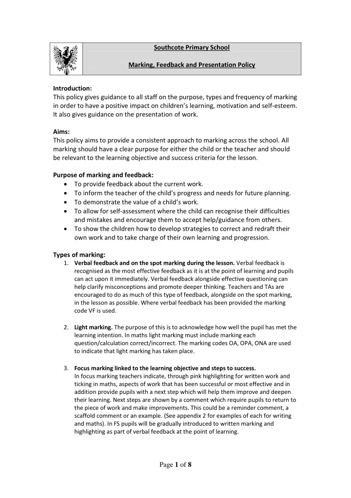 southcote primary school marking feedback and