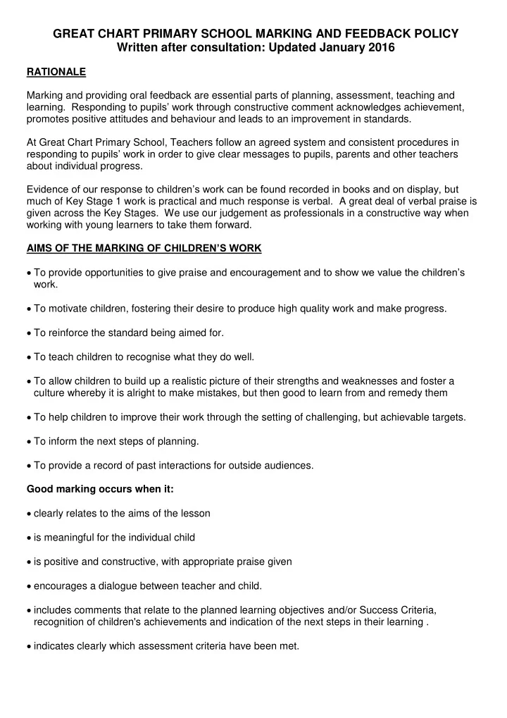 great chart primary school marking and feedback policy