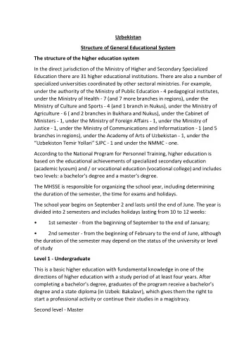 Uzbekistan  Structure of General Educational System  The structure of the higher education system