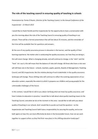 The role of the teaching council in ensuring quality of teaching in schools  Presentation by Toms