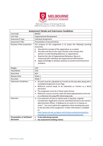 Assessment Details and Submission Guidelines  Unit Code:  BM202  Unit Title:  Organisational