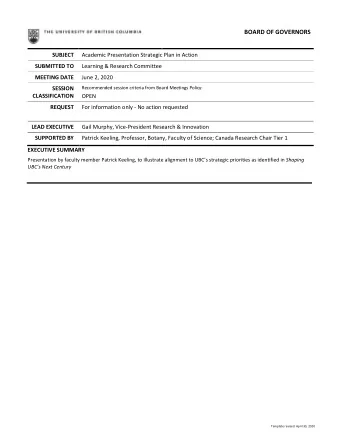 BOARD OF GOVERNORS  SUBJECT  Academic Presentation Strategic Plan in Action  SUBMITTED TO  Learning