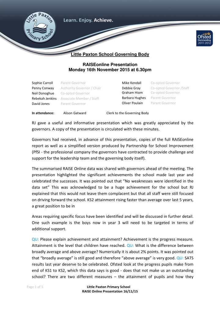 little paxton school governing body raiseonline