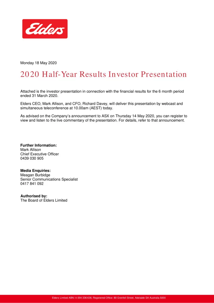 2020 half year results investor presentation