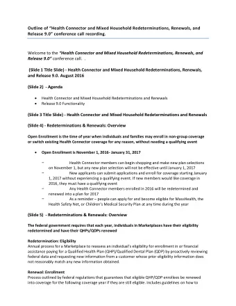 Outline of  Health Connector and Mixed Household Redeterminations, Renewals, and Release 9.0