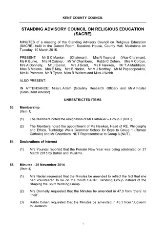 STANDING ADVISORY COUNCIL ON RELIGIOUS EDUCATION  (SACRE) MINUTES of a meeting of the Standing