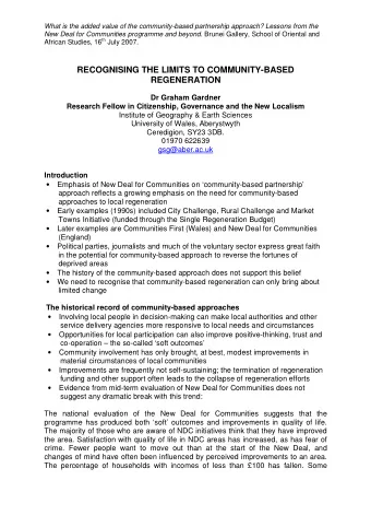 RECOGNISING THE LIMITS TO COMMUNITY-BASED  REGENERATION  Dr Graham Gardner  Research Fellow in