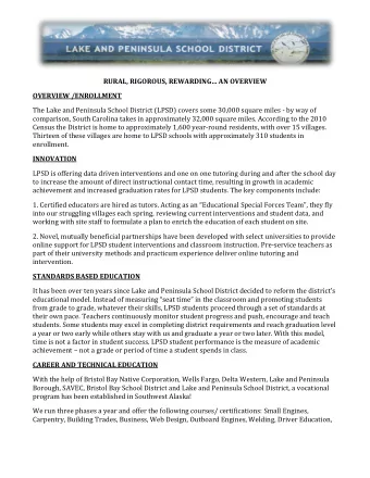 RURAL, RIGORO US, REWARDING AN OVERVIEW  OVERVIEW /ENROLLMENT  The Lake and Peninsula School